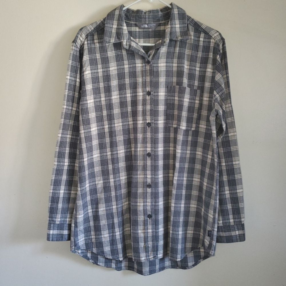 North Face Shirt Gray Cream Plaid Boyfriend Flannel Button Front Medium
